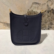 Hermes 藍金釦 Mini Evelyne 格紋背帶