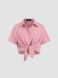 Cider Collar Solid Knotted Short Sleeve Blouse