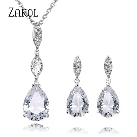 ZAKOL Brand Water Drop Zirconia Jewelry Set High Quality CZ Crystal Stone Earrings & Pendent Necklac