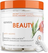 Genius Beauty Hair Skin & Nails Vitamins 60 Capsules - Anti-Aging Antioxidant Supplement Hydrolyzed