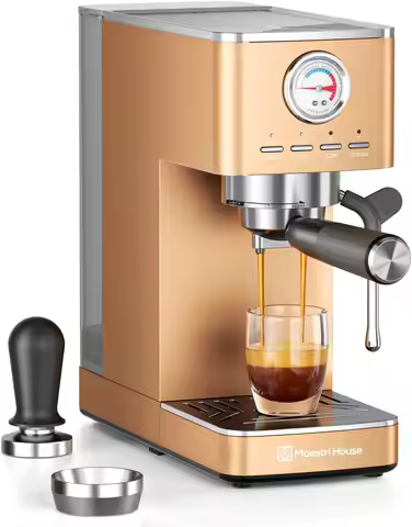 20 Bar ULKA Espresso Machine, Compact Coffee Maker with Flow Meter & Steam Frother, Stainless Steel 