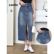 【In stock】Lovito Women Casual Plain Split Front Pocket Denim Skirts L100MD060 2FJS H5MJ U4RB 091Y