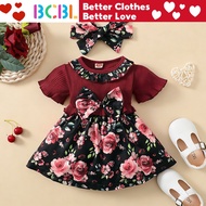 Pink Dress for Baby Girl Short-sleeved Flower Printed New Year Baby Dress Infant Dress with Headband
