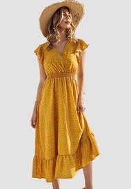 Miss M Polka Dots Shirred Waist Ruffle Surplice Dress A2813
