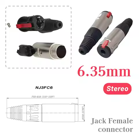 1/4 Inch (6.35mm) TRS Stereo Female Jack Locking Connector for Audio Microphone Guitar Studio Equipm