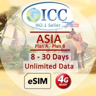 ICC_eSIM Asia 8-30 Days Unlimited Data SIM *9 or 12 Destinations*