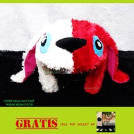 Cover Helm halfface karakter stitch warna Merah Putih - Telinga Pink - Sarung Helm Bulu Boneka Helm