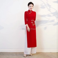Women Elegant Vietnam Aodai Cheongsam Retro Stage Show Performance Dress