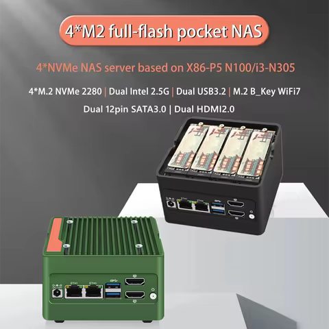 Topton 6-Bay Pocket NAS Server Intel i3 N305 N150 N100 Firewall Mini PC 4xM.2 NVMe 2xSATA3.0 DDR5 2x