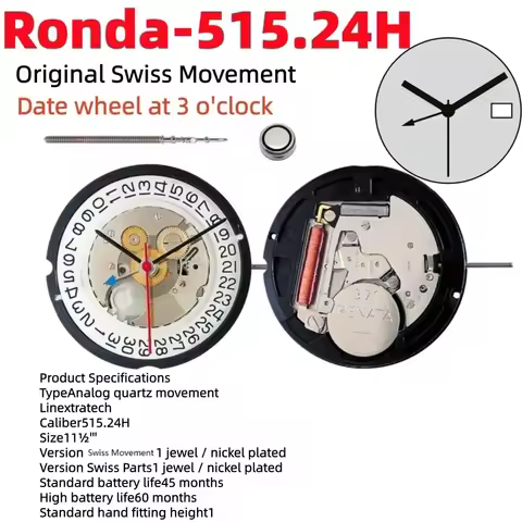 RONDA 515.24H Movement 515 24H Movement 515-24H Movement 11½''', 25.60 Mm Multifunction 24 Hours Han
