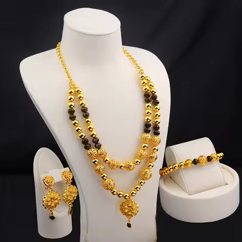 3PCS Ethiopian jewelry set for Women, gold Black Beads Dubai Habesha Earring Necklace African Middle