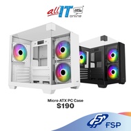 FSP S190 TRIPLE GLASS M-ATX PC CASE / CASING WITH 5 ARGB FANS - BLACK / WHITE