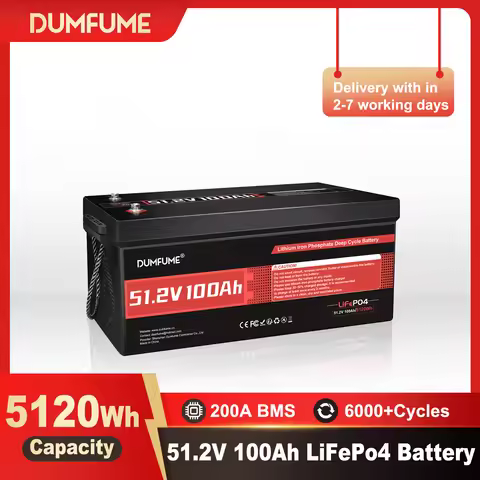 Dumfume 51.2V 100Ah LiFePO4 Lithium Battery Built-in 200A BMS Low Temp Protection for Golf Carts RV 