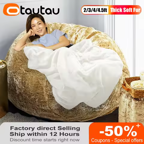 OTAUTAU 4/5ft Puff Gigante Bean Bag Cover Fluffy Faux Bunny Fur Pouf Bed Frameless Couch Game Movie 