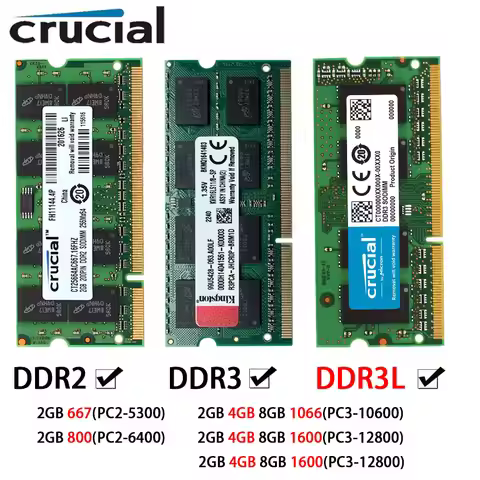 Crucial Memory DDR3 DDR3L DDR2 KVR Laptop RAM 2GB 4G 8GB 667 800 1066 1333 1600MHz SODIMM PC2-5300 P