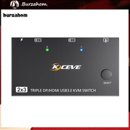 BUR_ Triple Monitor Kvm Switch Dual Computer Kvm Switch High Performance 2-in-3-out Kvm Switcher with Usb3.0 for Computer 8k30hz 4k144hz Edid Simulator Us Plug Top Seller