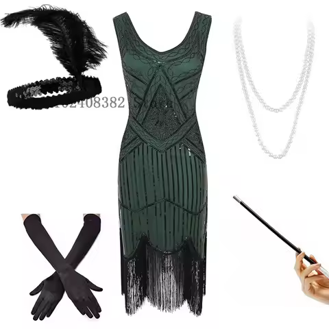 Women's 1920s Gatsby Sequin Sleeveless Cosplay Dress with Accessories Set