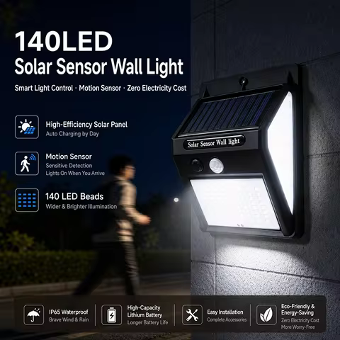 Sunlight Control 140LED 3 Sided Solar Energy Street Light PIR Motion Sensor Yard Path Home Garden So