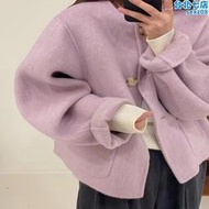 反季寬鬆紫色圓領短款雙面羊絨大衣女小香風小個子羊毛呢外套2023