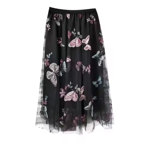Mardi Gras Skirt Guilantu Summer Embroidery Butterfly Mesh Long Skirt Women High-Waisted A Line Pink