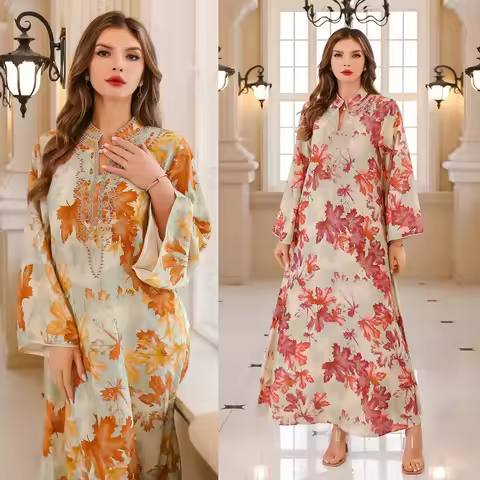 Uoozee Women's 2026 New Ramadan Muslim Abaya Elegant Leaf Printed Long Sleeves Loose Vintage Party E