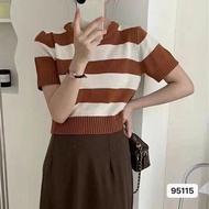 【F·P】Striped color contrast casual short-sleeved sweater 95115# HBX Chiffon shirtLoose long Square n