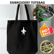 EMBROIDERY SULAM F-16 FIGHTING FALCON FIGHTER JET SILHOUETTE LOGO TOTE BAG CANVAS BLACK