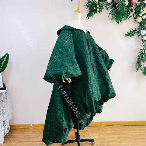 Green And Gold Jacquard Fashion Women Cape Full Puffy Sleeves High Low New Lady Outfit Coat Long Jac