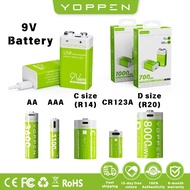 YOPPEN 1.5V 3.7V 9V AA AAA FR6/FR03 C/D Size R14 R20 CR123A 16340 Li-ion Bateri Rechargeable Battery