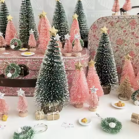 8PCS Christmas Mini Trees Mix Size Fake Glitter Trees For Xmas Home Table Decor Ornaments Noel Party