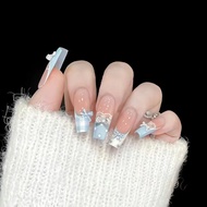 Handmade Manicure Wearing Nails White Blue French Lace Bow Detachable Nail Patch Fresh 12.13 VL2Q