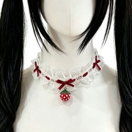 Lolita Red Lace Strawberry Bell Necklace Bow Collar Lace Necklace lolita Necklace Sweet