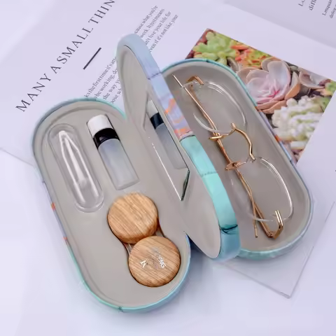Imitation Wood grain contact lens circle pupil case folding fashion frame glasses case leather glass