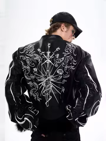 Mauroicardi Autumn Short Colorful Embroidery Pu Leather Racer Jacket Men Zipper Luxury Designer Emo 