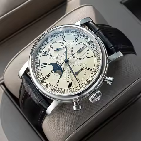Sugess Chronograph ST1908 Movement Vintage Leather Watch Hand Winding Mechanical 59 Wheels Genuine M