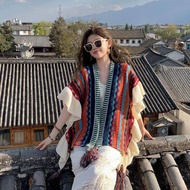 Khăn Áo Choàng Len Boho Thổ Cẩm Nữ Mùa Thu Đông Kiểu Khoác Ngoài Chất Len Móc Dày Ấm 106*135cm Thời 