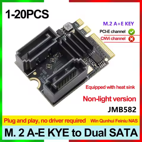 1-20PCS M.2 To Dual SATA Expansion Card M.2 A-E KEY to Dual SATA3.0 6Gbps Adapter PCI-E3.0 JMB582 Ch