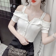 Off-shoulder T-shirt Womens short-sleeved 2023 new summer design sense Small crowd beautiful pure de