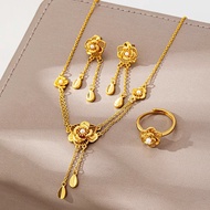 Women 24K Gold AU999 Hollow Flower Tassel Necklace Earring Ring Elegant Set - Pure gold, detachable,