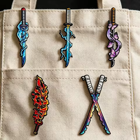5Pcs Demon Slayer Nichirin Swords Enamel Pins Set Anime Cosplay Badges Collectible Brooches for Wate