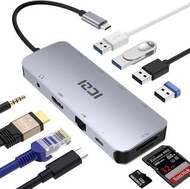 ICZI USB C Hub 10-in-1 Aluminum Type C Adapter with 4 USB Ports 4K HDMI Ethernet LAN Audio Jack SD T