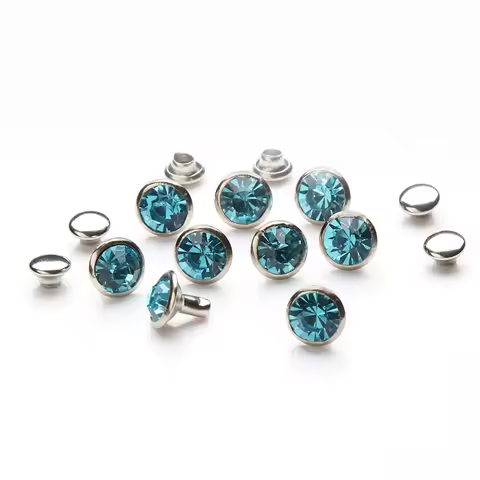100Sets 6mm&8mm Aquamarine Crystal Rhinestone Rivets Studs Silver Metal Base for Clothing Bag Leathe