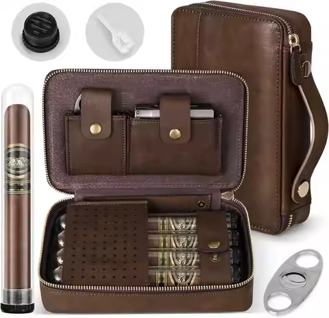 Travel Cigar Humidor Portable Travel Cigar Case with 4 Cigar Tube, Leather Travel Cigar Humidor Incl