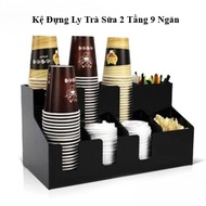2-Tier 9-Compartment Milk Tea Cup Holder, Convenient Mixing Shelf for Cafes, Milk Tea, Bar