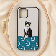立體刺繡手機殼 iPhone 12/12pro PBAT PU合成皮革 貓咪x淺灰