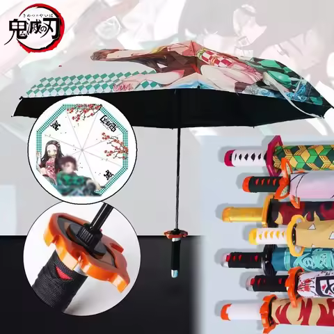 Demon Slayer Katana Umbrella Tanjirou Folding UV Blocking Parasol Real Japanese Katana Samurai Sabre