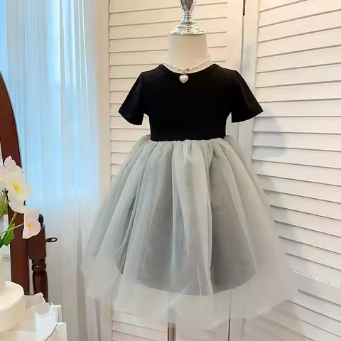 Baby Girls Tutu Dress Summer Black White Cute Elegant Pompon Princess 1-8 Years Old Beach Dresses Bi
