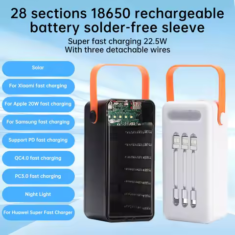 28*18650 Battery Storage Box Solar Chargeing Power Bank Box 22.5W Fast-charging Support PD/QC AFC FC