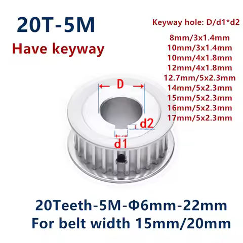 20 Teeth HTD 5M Synchronous Timing Pulley Keyway Bore 8mm-keyway 3x1.4mm for Width 15/20mm HTD5M 20T