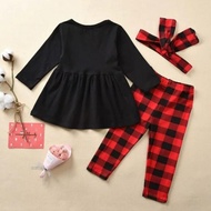 Oiu Christmas Set Girl Black Top w Black Red Checkered pants Christmas Suit